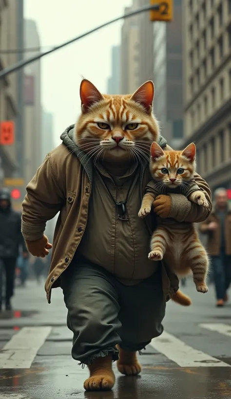 Create a photorealistic image of a fat father cat wearing torn clothes running down a busy street and screaming with worried and sad expressions ,  holding the little kitten in his arms with a worried expression .   Around it are tall urban buildings  ,  L...