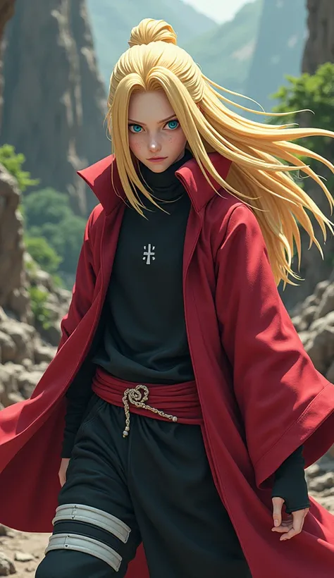 Create image of Deiadra using paper boom jitsu in the training ground, in his Akatsuki outfit, show his face and also show his long blond hair