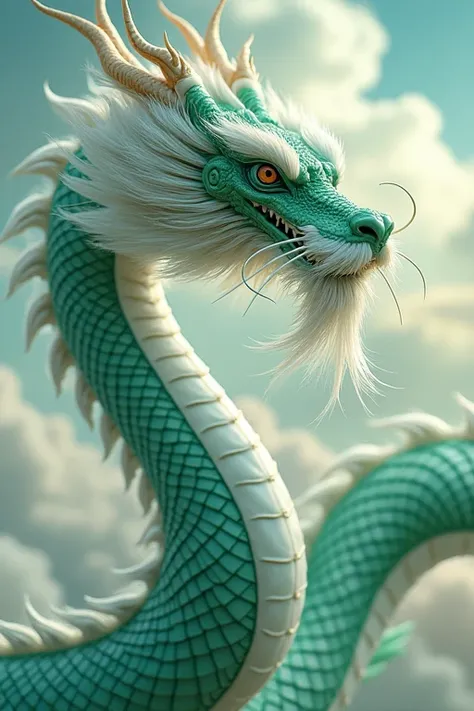 Chinese dragon, crystal green, abundant white long mane feathers, flickering, multiple fine scales, shiny black, shiny, Chinese clouds, high-resolution sky,  Masterpiece,  best quality ,  high definition model,  High Detail,  close-up shots 