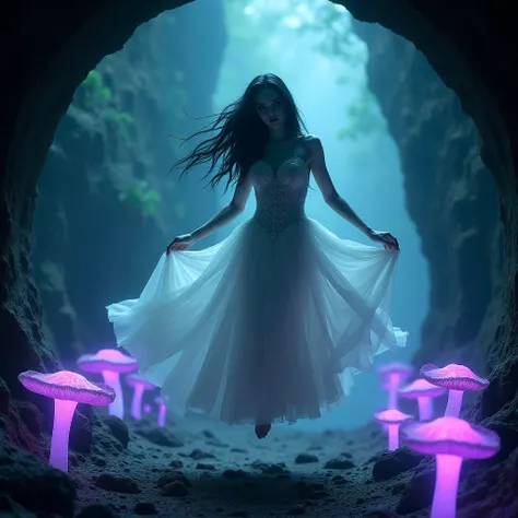 A ghostly pale skin bride with dark eye shadow, ghostly outlook, long wavy black hair as she is flying, in long beauty exaggerate & intricate white wedding dress with head lace & few other accessories, that flowy as she is flying in a round tunnel. She is ...