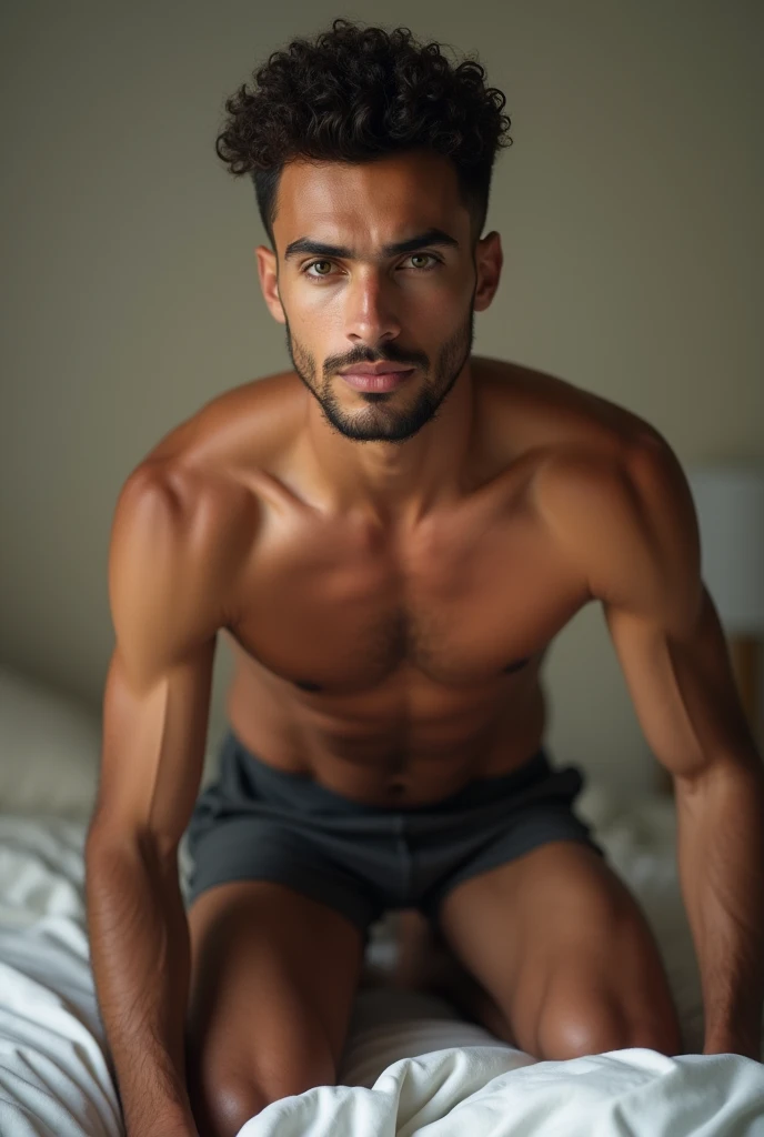  Creates the image of an attractive Arab man with short curly hair , VERY masculine, mucho bello corporal,  well-trimmed beard and realistic green eyes .  He has an athletic and well-defined body , hairy and athletic legs .  He wears shorts without a shirt...