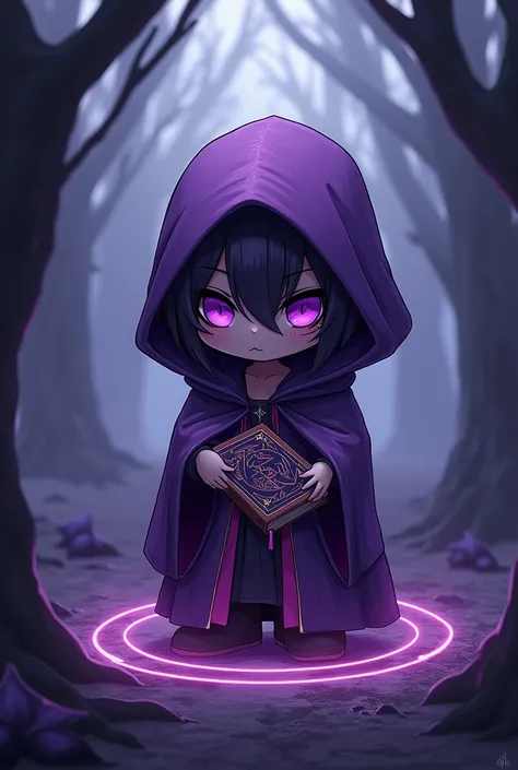 Purple hood, Alone, tunica, name_Thel_Therecho_The_Author: "Samael ", magic, dark face, Alone los eyes visibles, holding, eyes_verThes, dry, con libro The capa violeta, Sin_humans, circle_magical, looking_al_ spectator , adornos naviTheños, Other, text: "F...