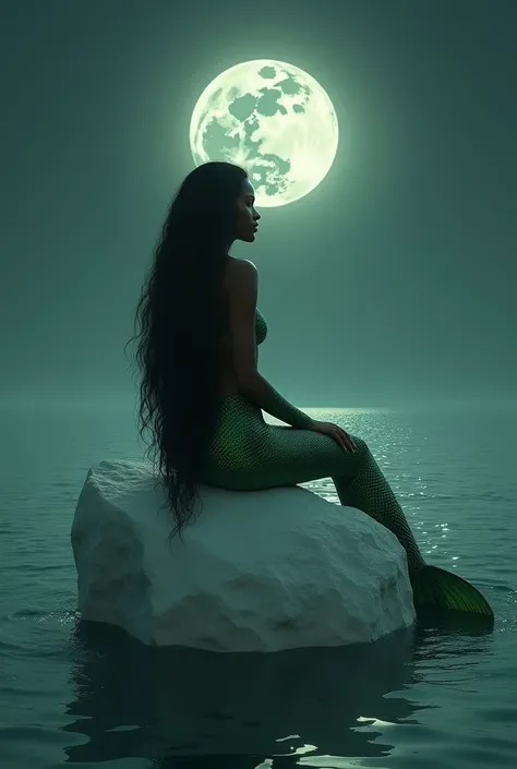 Une magnifique sirène africaine à la queue verte, un teint marron noisette assise sur une grande pierre blanche au millieu dun grand lac au clair de lune dans une nuit noire. Elle a de très longs cheveux noirs  et des écailles vertes aux avant-bras 