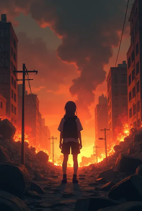 Destroyed place, on fire, debris, anime style 