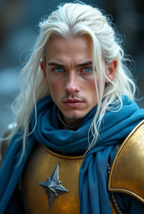  best quality ,  masterpiece ,  ultra high resolution, portrait, 1 man, Young man 20 years old, long white hair, no beard,  bright blue eyes,  medieval gold armor, blue robe, Magic coming out of armor , close-up o rosto