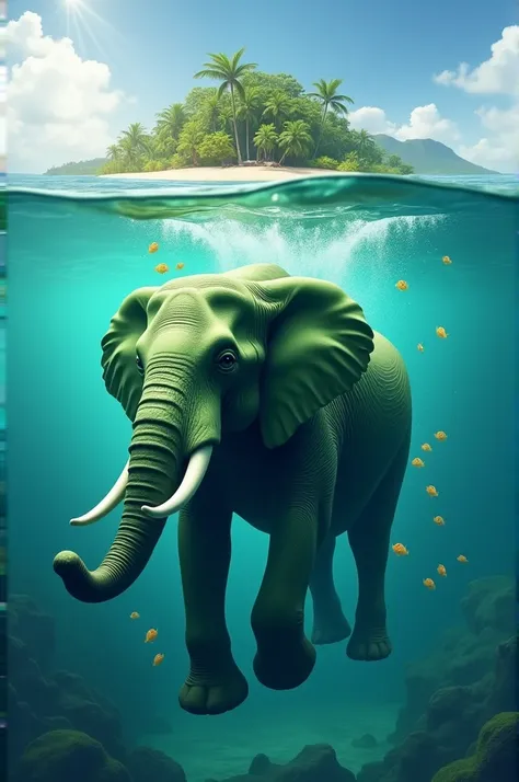 A green elephant swimming in a clear ocean near an island