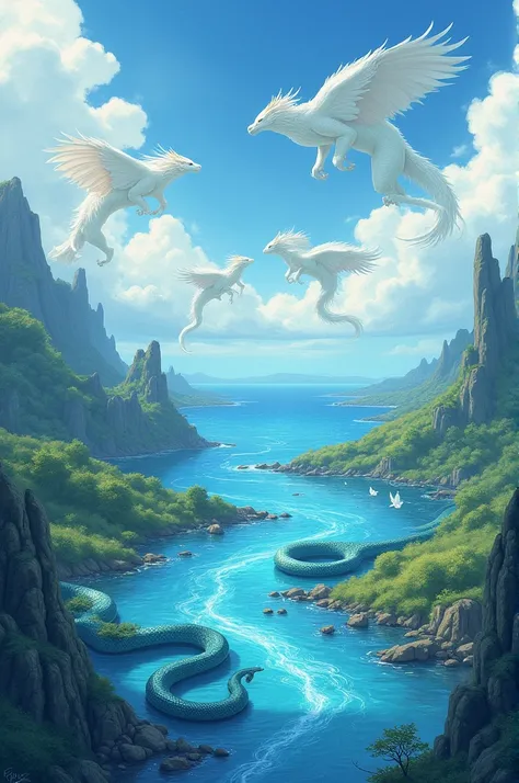  Like blue snakes ,
 The twists of the rivers are creeping
And in the blue ocean
They finish running.
 Like white dragons ,
Wiggling your wings ,
 Clouds fly from there
Rain to sprinkle fields .