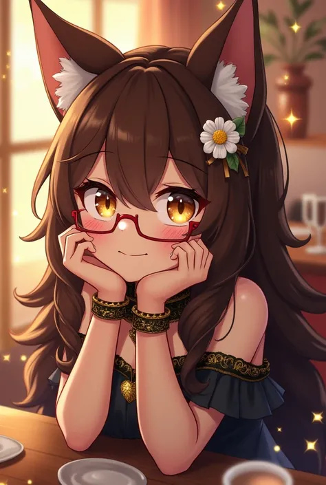 best quality,best resolution,(fluffy anthro furry :1.6),(young :1.6),cat girl,(dark brown hair :1.6),long hair,wavy hair,yellow eyes,glistering eyes,sparkle eyes,ultra detailed eyes,(dark brown fur :1.6),(black dress with gold embroidery),gold heart neclac...