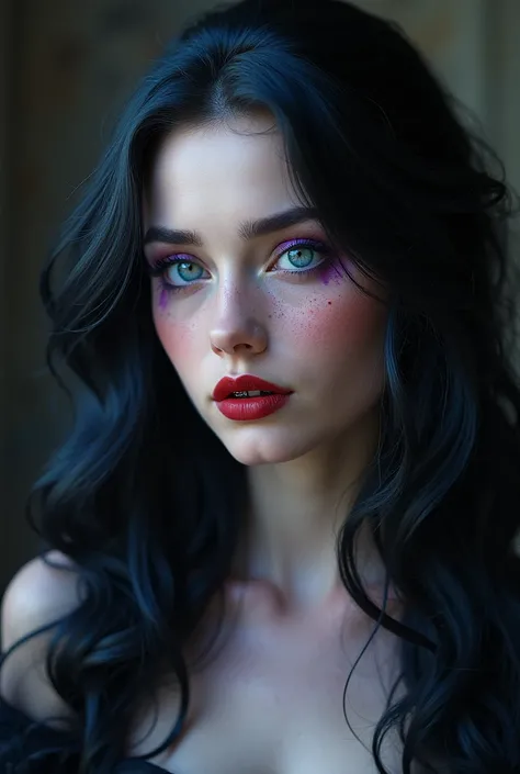  Woman with wavy black hair up to the hip with blue and purple reflections, blue eyes almost purple, Pale skin with freckles with vampire fangs 