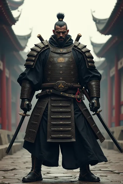 A black man samurai holding two sword with short haircut and having a extralarg body size with the background of the ancient Chinese building