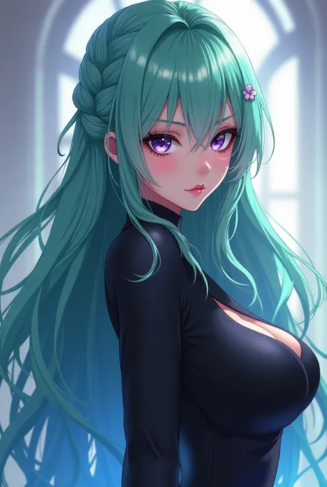 Generate a picture of a woman with mint green hair, tending towards blue, long hair, purple eyes, narrow, sharp, large breasts, small braids on the right strand, wearing a tight black sweater. In anime styles 