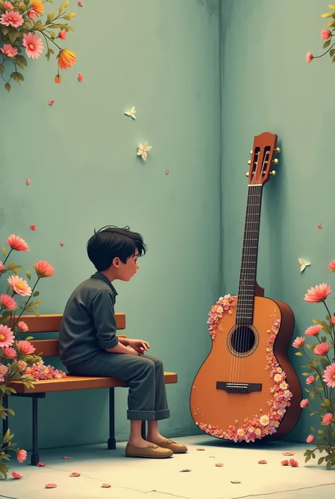  Alone in a corner ,  thinking about who to sing to this time,  there is a beautiful guitar , on a bench ,  decorated with flowers 