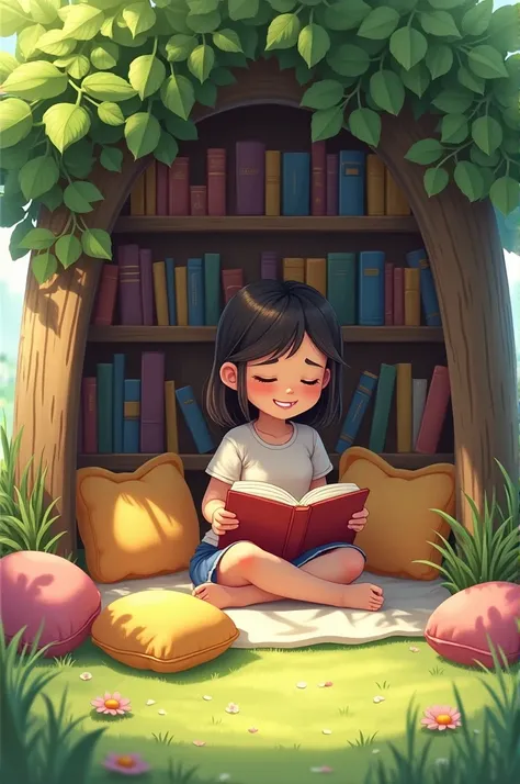 9. Mia’s Book Nook
A cozy corner of the Cool Spot with a small bookshelf filled with colorful books, cushions scattered on the grass, and s sitting and reading with big smiles.