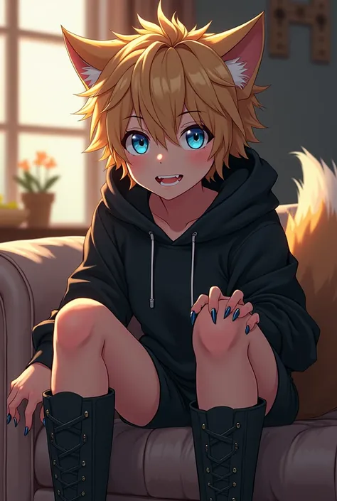 ((1boy)), blue eyes, messy blonde hair, close up view, wolf ears, wolf tail, black hoodie, black booty shorts, slim waist, big thighs, looking at viewer, fang smiling, living room, sharp nails, ultra masterpiece, HD, young, twink, wide hips, thigh high hee...