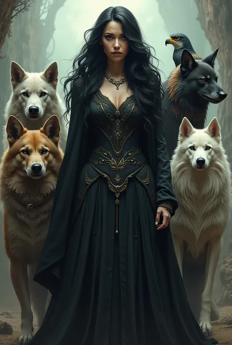 Circe black-haired sorceress with dogs,Pork,Lobo, Falcon 