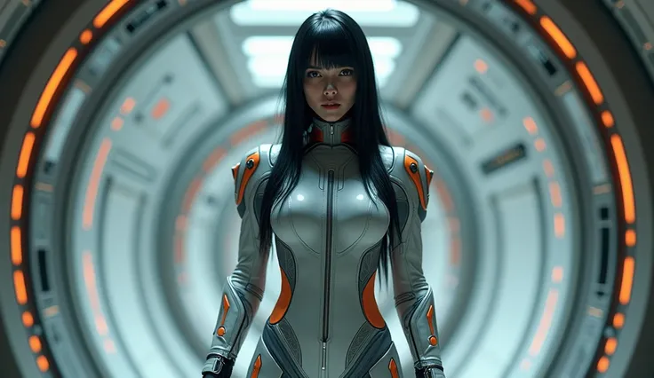 Real, Realist, Realistic, alive, Beautiful european female bimbo standing inside spaceship, spacesuit n pants, black hair, 