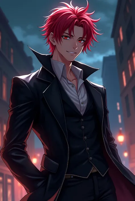 anime character with red hair and a black jacket, with red hair, anime handsome man,  male anime character, 1young, Alone, Suoh Mikoto, k-Project , (((Vampir))), Madness, Malkavian, city in the background, (night), Grin, cowboy shot,  dynamic lighting