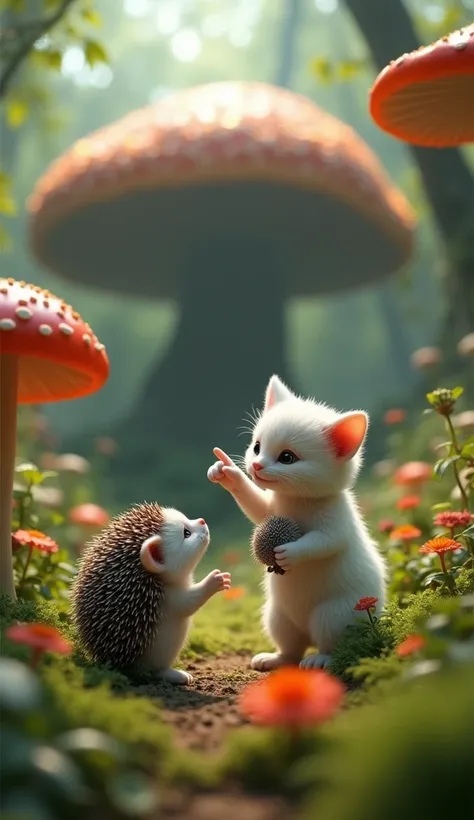 In cinematic 3D style, HD image, colourful image, realistic image,
Character, a small and realistic hedgehog faces a massive.
Action,There are lots of red colored mushrooms inside a beautiful jungle. The white baby cat is holding a small hedgehog with one ...