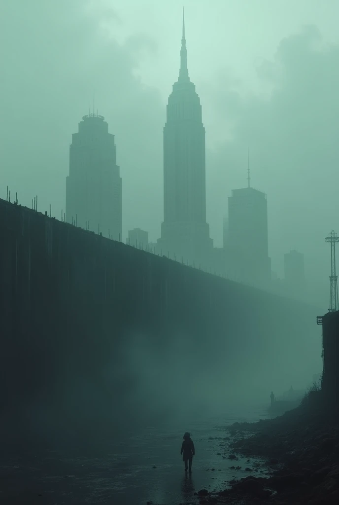 apocalyptic city with a big wall around it with fog

