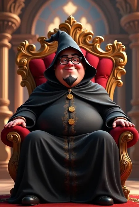 Pixar style image, Of a black wizard , slightly overweight, Of prescription glasses with black frames,  goatee,  of a black wizards clothing of a hooded wizard , sitting on a throne, 