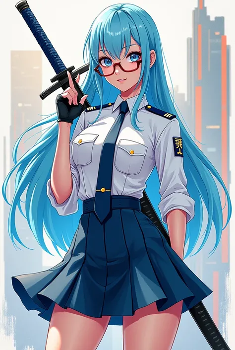 colorful sketch drawing, simple sketch, Girl police officer , long light blue hair, elegant tie, wearing a , with glasses,  sleeve skirt and blouse backed by a futuristic katana sword,