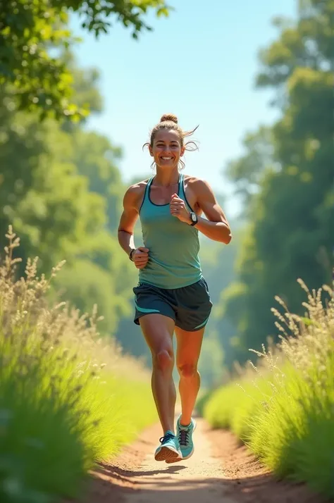 person jogging on a sunny morning trail, smiling and looking refreshed. Include greenery and a clear sky in the background, emphasizing energy and health