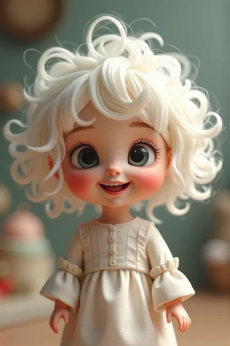  Make me an animated doll with white hair, curly, White Eyebrows, and a cheerful smile .