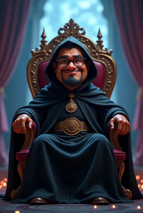 Pixar style image, from a magician, black pele, slightly overweight, Of prescription glasses with black frames,  goatee,  of a black wizards clothing of a hooded wizard , sitting on a throne, 