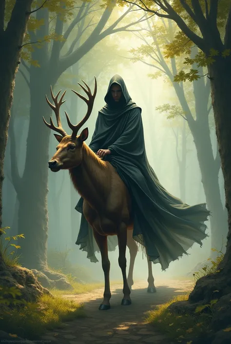 Man with a long cloak on the back of a deer