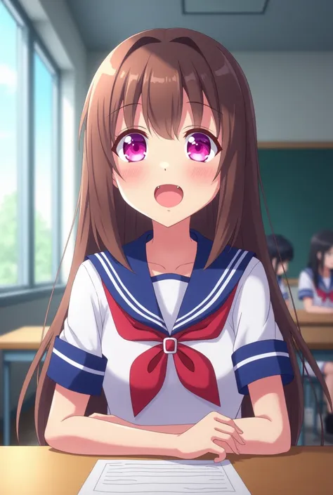  Screenshot of the series : And and And. Girl with straight hair ,  brown and short to her shoulders , with bangs.  has phosphorescent pink eyes and has a cheerful expression . lleva puesto el uniforme del Colegio de Dan da Dan y de fondo tiene una clase e...