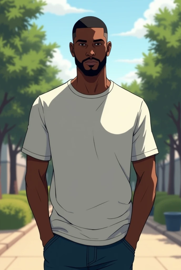 A black man, he is black skin and he has black hair, he wears a t-shirt and a jeans pants, buzzcut hairstyle, he has beard, anime style, realistic wide shot 