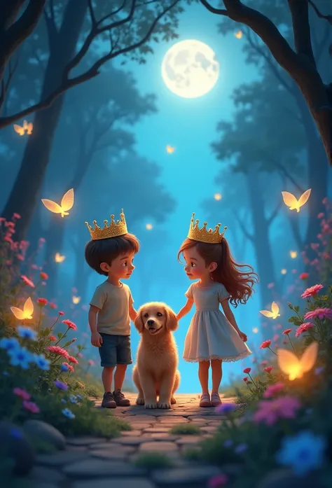 YOUNG SIBLINGS IN FAIRYLAND WITH THEIR GOLDEN RETRIEVER AND LIGHT FAIRIES, NIGHTTIME, NATURE, MOONLIGHT, WEARING PRINCESS CROWNS, 8K