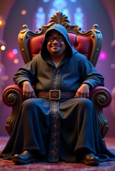 Pixar style image, from a magician, black pele, slightly overweight, Of prescription glasses with black frames,  goatee,  of a black wizards clothing of a hooded wizard , sitting on a throne, With a menacing air 