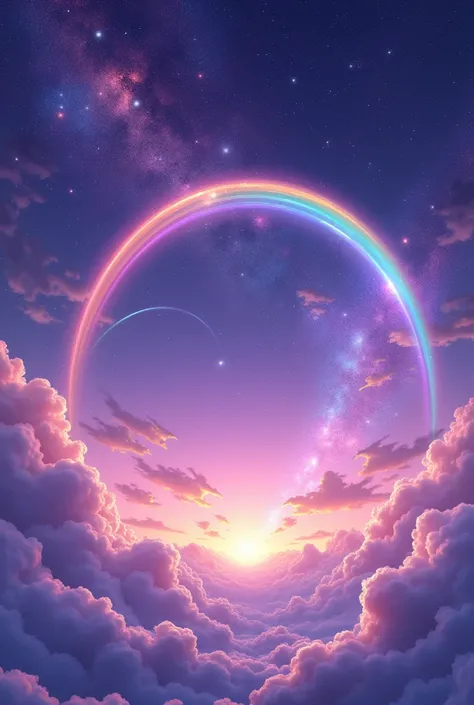 Create a purple sky with stars and galaxies and rainbows 