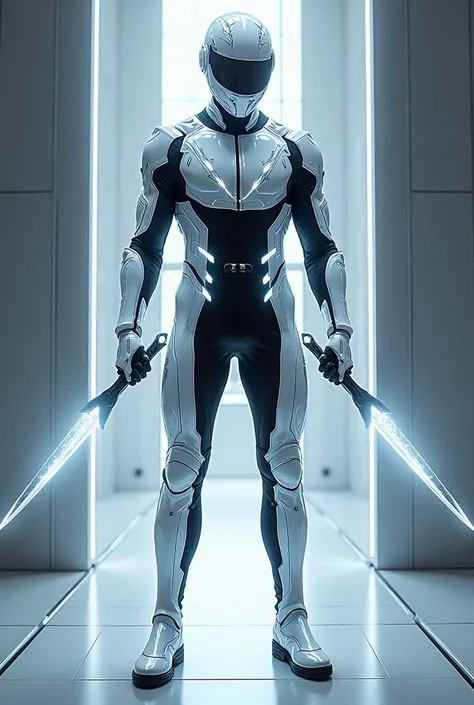 A male character wearing a costume similar to that of a crystalline white and black racing driver.  Having the power to teleport between mirrors through reflections , having blades in his hands .