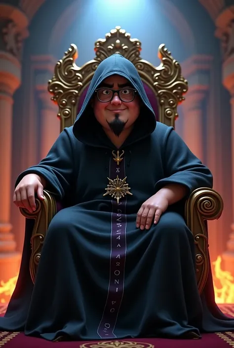 Pixar style image, from a magician, young adult, black pele, slightly overweight, Of prescription glasses with black frames,  goatee,  of a black wizards clothing of a hooded wizard , sitting on a throne, With a menacing air 