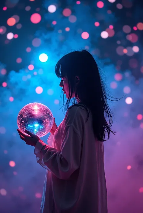  japanese girl holding disco ball in neon art style .  dark sky background with thousands of sparkling disco balls with wisps of dark colored smoke floating around the scene.  Image should be seen from above ,  with neon reflection of light  [blue and PINK...