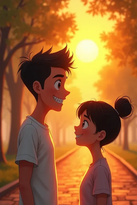 A tall guy with braces black smooth hair and with glasses walking beside a girl with braces and curly black hair with beautiful brown eyes with simple tshirt under the sunset

