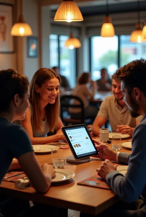 Group of people who sat at the few table that equipped 1 tablet to order food at restaurant in customer pov