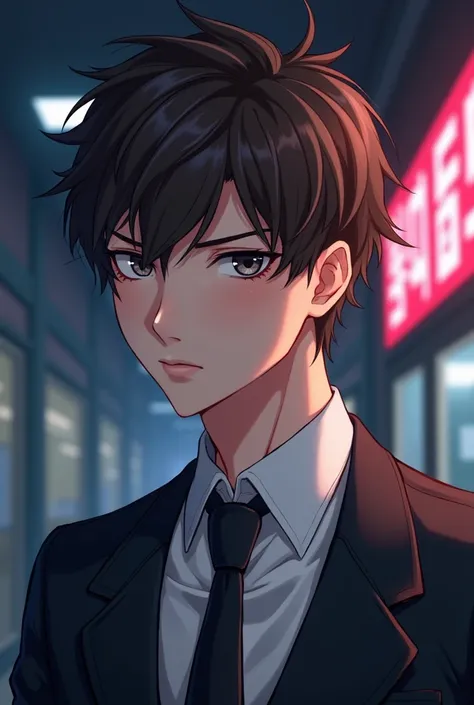 A young man in his early 20s with sharp brown hair and piercing gray eyes, wearing a sleek, modern school uniform with a fitted blazer and tie. He has a confident and slightly aloof expression, with a defined jawline and a poised, commanding aura. The art ...