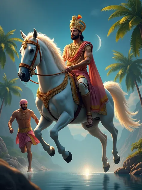 Create a realistic, high-resolution image of an ancient Indian prince in elaborate royal attire, riding a white horse adorned with golden accessories. The horse is soaring through the air above a river, as if flying. Beside the prince, a loyal male servant...