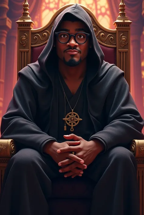 Pixar style image, from a magician, young adult, black skin, slightly overweight, Of prescription glasses with black frames,  goatee,  of a black wizards clothing of a hooded wizard , sitting on a throne, With a menacing air 