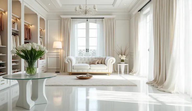  create an image of a very large luxurious womens closet in Milan with white polished floors and white walls,  floor-to-ceiling windows white , white curtains,  the clothes are white ,  light beige , The white fur carpet , white sofa,  luxurious white vase...