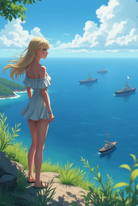 A beautiful young girl with blonde hair , ojos azules,  huge breasts,  excellent curves and big butt watching Japanese ships from a hill 
