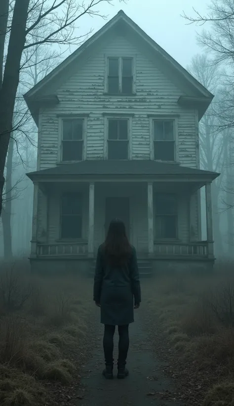  Andi stands in front of the old house in the middle of the forest.  The house appears abandoned ,  with peeling paint , cracked windows ,  and a slightly open wooden door .  Mist envelops around ,  add to spooky atmosphere .