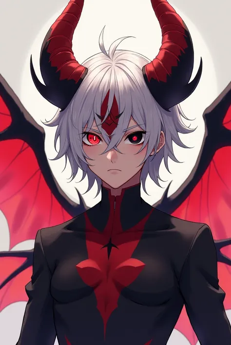 It has a red black horn with insect wings, a star shape in the middle, a red forehead, a two-color eye, a black right, a red star-shaped pupil, a red star-shaped pupil, a black star-shaped pupil, white hair, anime, male character.