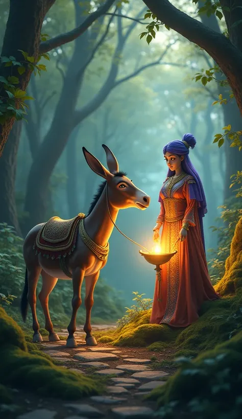 A donkey walking through the forest comes face to face with a genie from the lamp