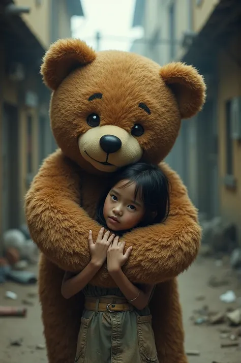 poor girl with no resources hugging a realistic teddy bear 