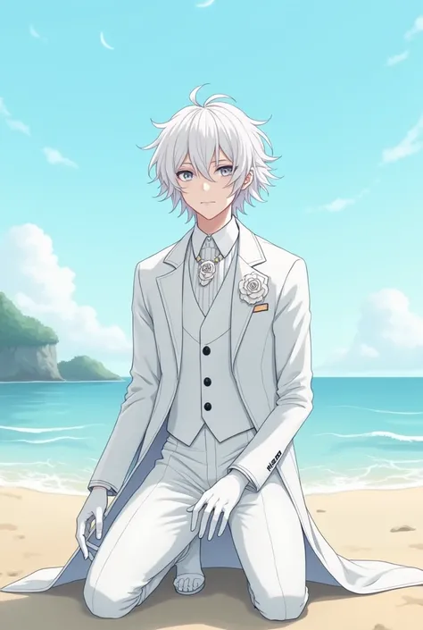 23-year-old boy ,  dressed in an elegant all-white suit,  with white gloves and a white rose brooch ,  wavy white hair , grey eyes,  pink lips and pretty ,  wearing an albino owl necklace .  who is kneeling on a beach ,  with an empty expression on his fac...