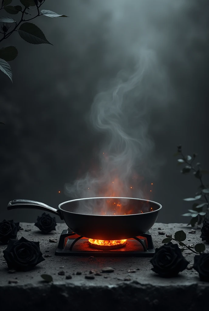  A hot frying pan sits on the burning stove,  the background has black roses .  Gray and sour vibe  (90% black and gray )
